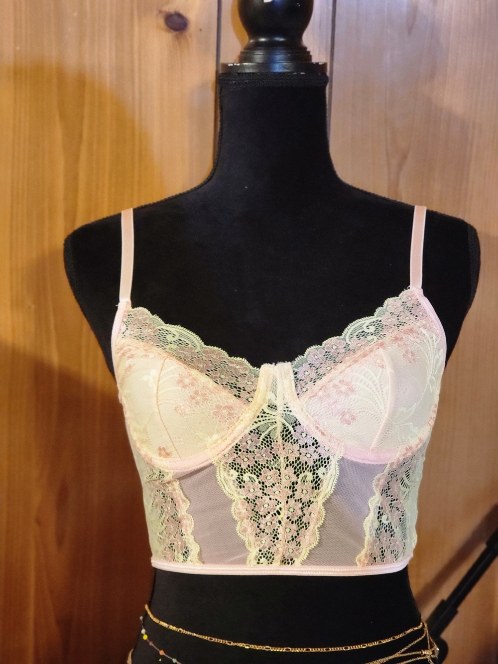 Pastel Yellow & Pink Floral Lace Underwire Bustier Crop Top